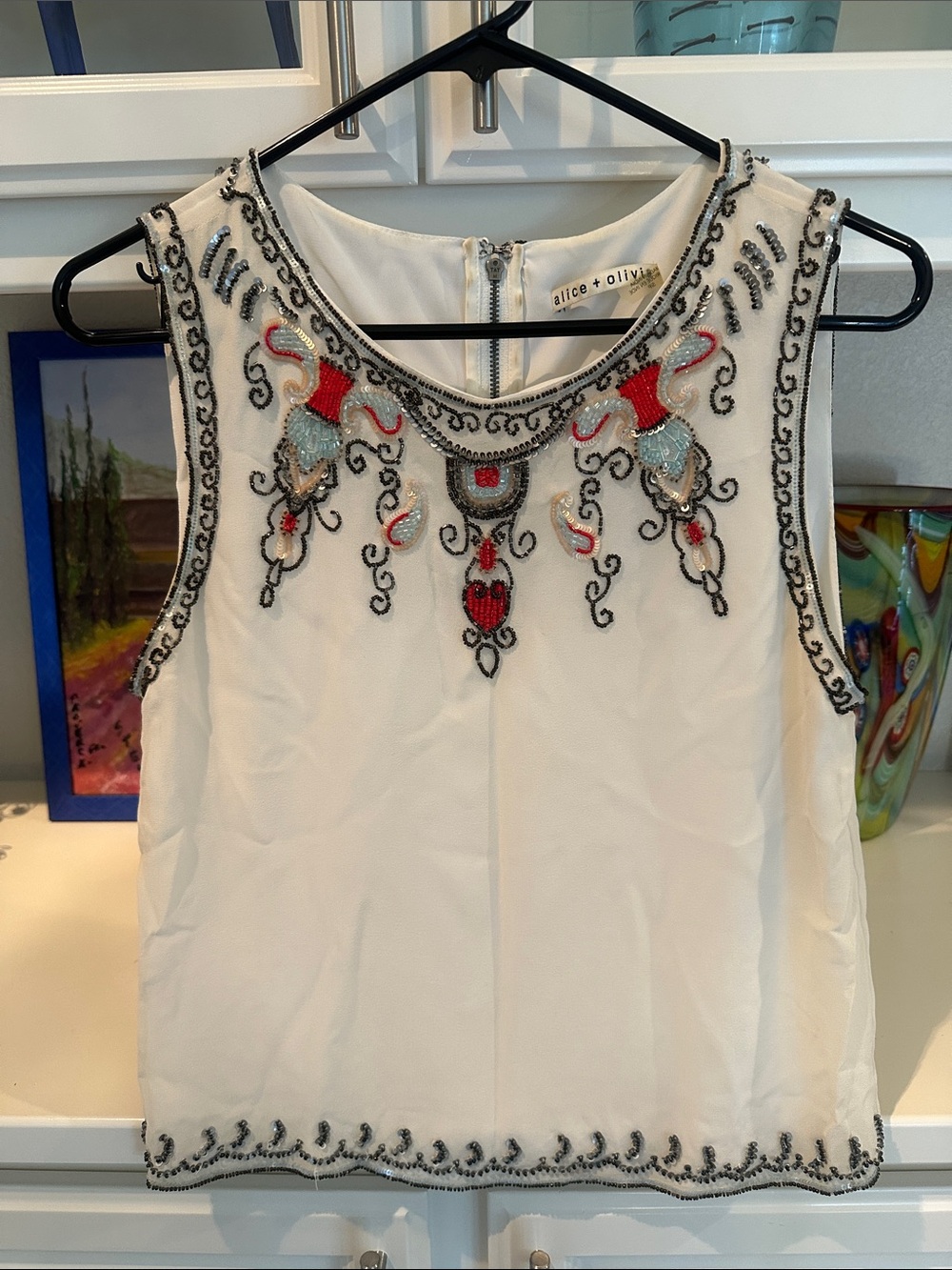 Alice and Olivia beaded sleeveless silk blouse